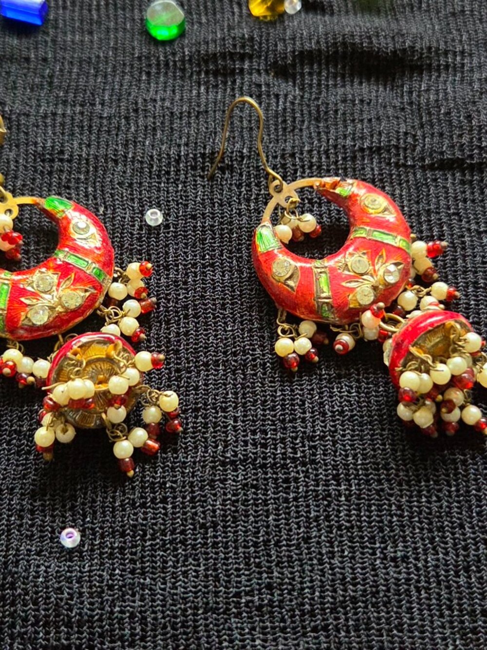 Vintage Handmade Lakh Dangling Earrings India Double Sided Green & Red View 2